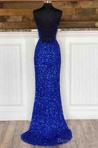 Simple Royal Blue Glitters Prom Dresses Long High Slit Party Formal Dress Lace-Up