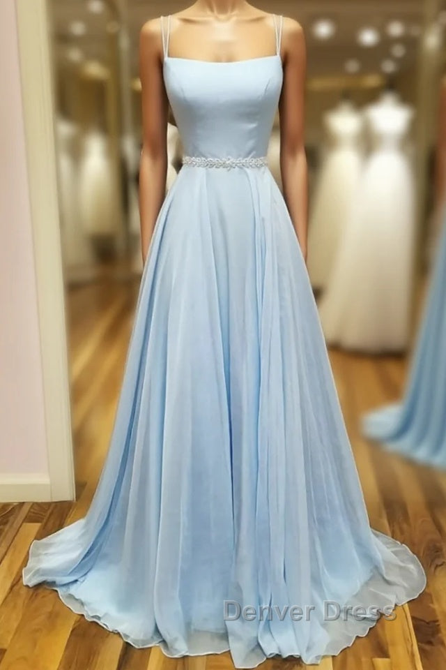 Simple satin blue long prom Dress, blue Prom Dresses Main image