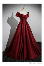 Simple Satin Burgundy Long Prom Gowns with Short Sleeves