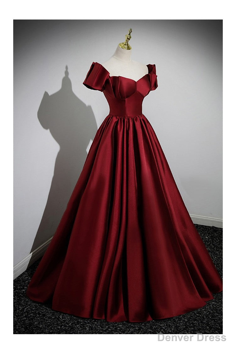 Simple Satin Burgundy Long Prom Gowns with Short Sleeves