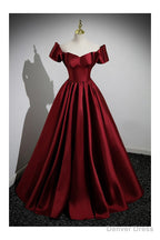 Simple Satin Burgundy Long Prom Gowns with Short Sleeves
