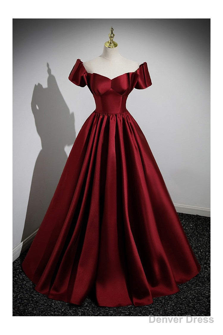 Simple Satin Burgundy Long Prom Gowns with Short Sleeves
