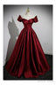 Simple Satin Burgundy Long Prom Gowns with Short Sleeves
