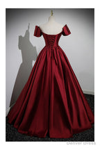 Simple Satin Burgundy Long Prom Gowns with Short Sleeves