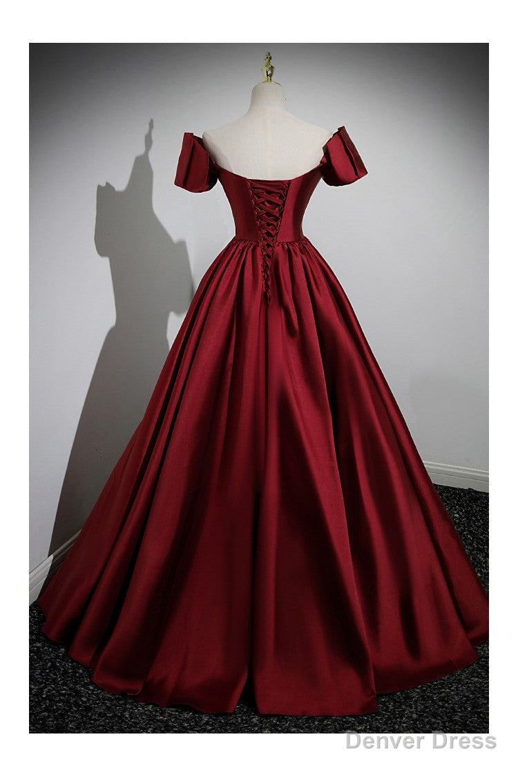 Simple Satin Burgundy Long Prom Gowns with Short Sleeves