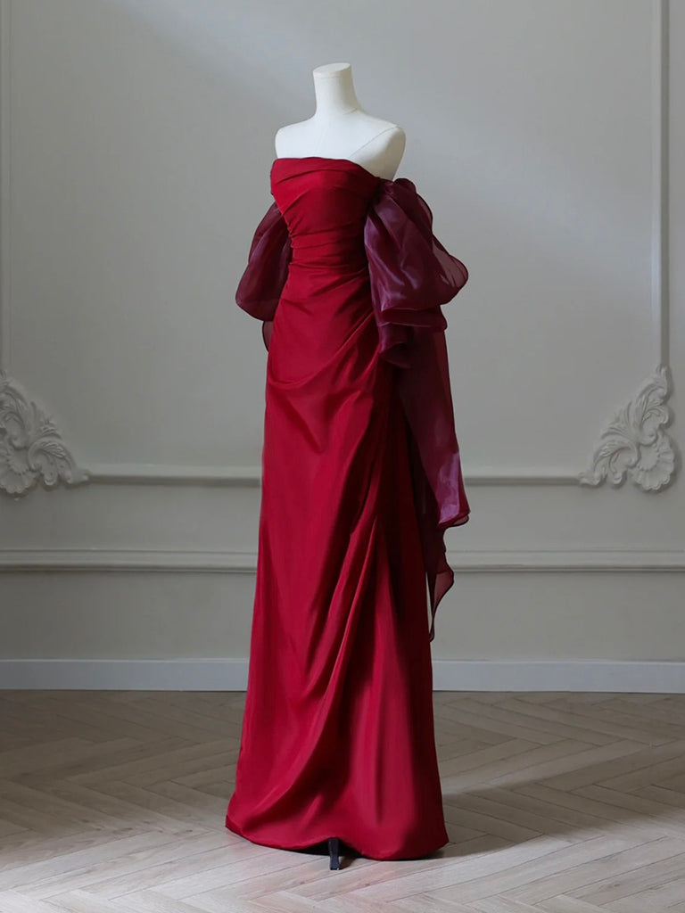 Simple Satin Burgundy Long Prom Dresses, Burgundy Long Evening Dresses