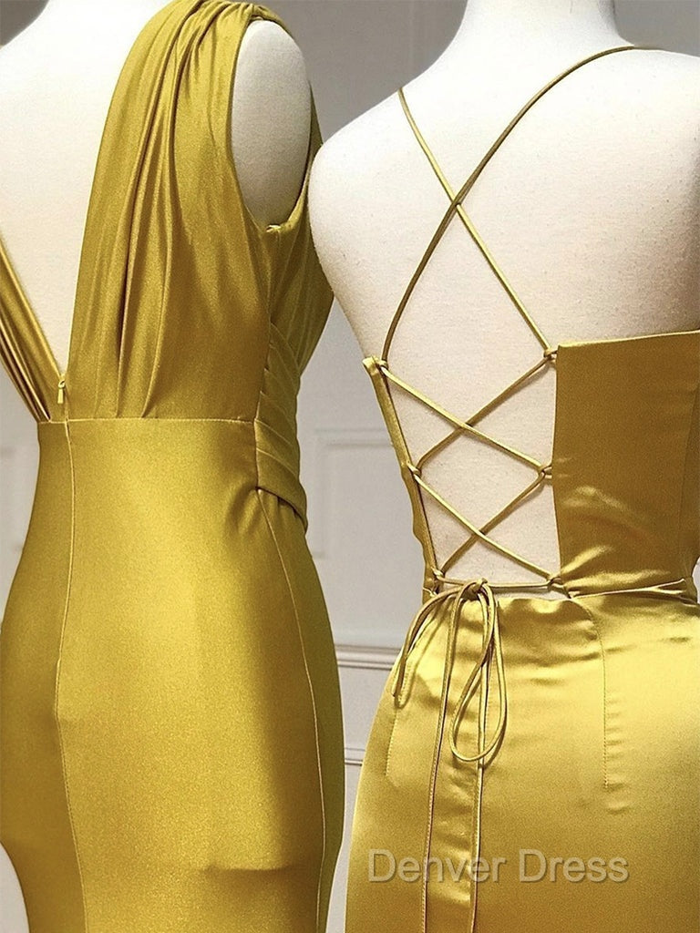 Simple Satin Gold Long Prom Dresses, Gold Satin Long Formal Dresses