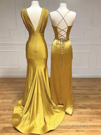 Simple Satin Gold Long Prom Dresses, Gold Satin Long Formal Dresses