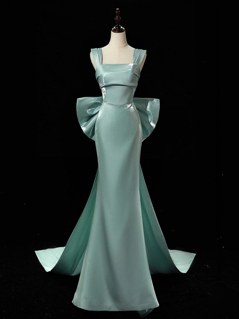 Simple Satin Green Long Prom Dresses, Green Long Formal Dresses With Bow Tie Main image
