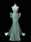Simple Satin Green Long Prom Dresses, Green Long Formal Dresses With Bow Tie