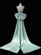 Simple Satin Green Long Prom Dresses, Green Long Formal Dresses With Bow Tie
