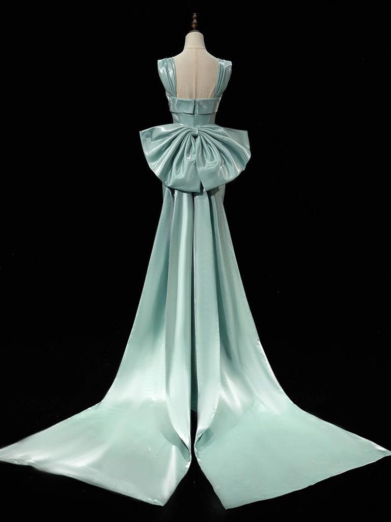 Simple Satin Green Long Prom Dresses, Green Long Formal Dresses With Bow Tie