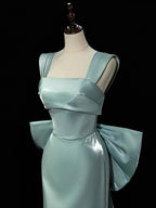 Simple Satin Green Long Prom Dresses, Green Long Formal Dresses With Bow Tie