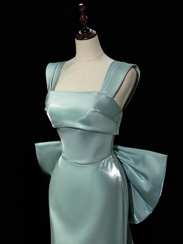 Simple Satin Green Long Prom Dresses, Green Long Formal Dresses With Bow Tie