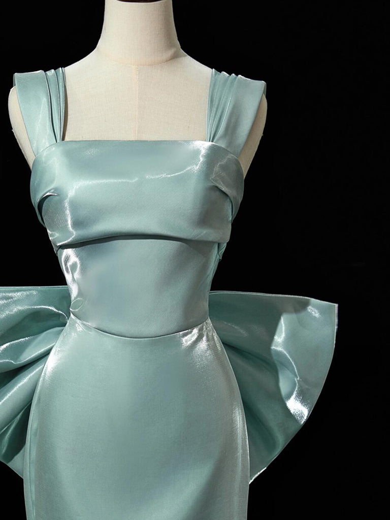 Simple Satin Green Long Prom Dresses, Green Long Formal Dresses With Bow Tie