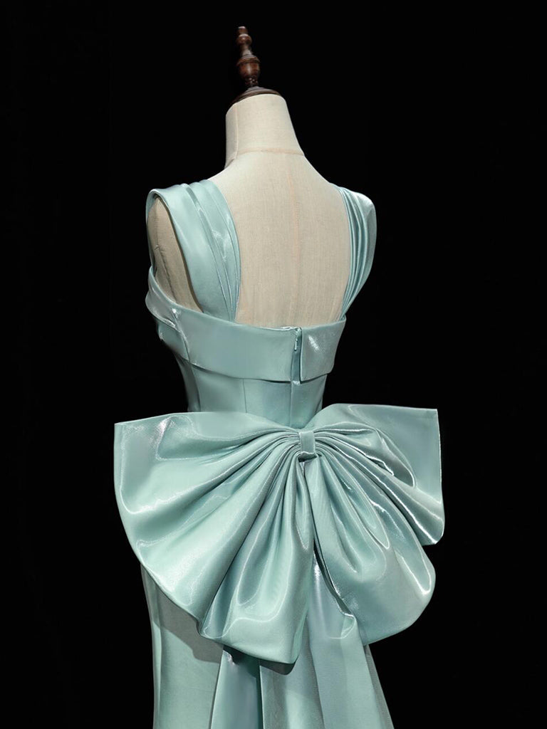 Simple Satin Green Long Prom Dresses, Green Long Formal Dresses With Bow Tie