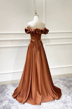 Simple Satin Long Prom Dresses, Off The Shoulder V-Neck Evening Dresses