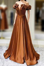 Simple Satin Long Prom Dresses, Off The Shoulder V-Neck Evening Dresses