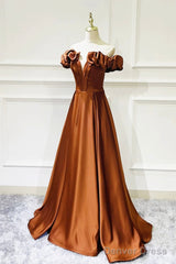Simple Satin Long Prom Dress, Off The Shoulder V-Neck Evening Dress