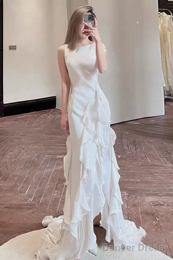 Simple Sheath Long White Prom Dresses Main image