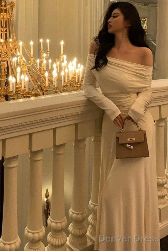 Simple Sheath Off The Shoulder Long Sleeves Ivory Prom Dresses Birthday Outfits Prom Gowns