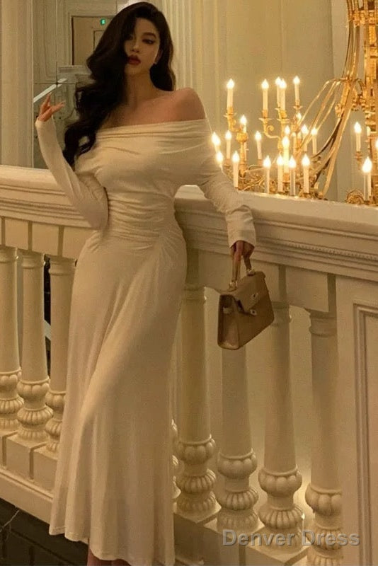 Simple Sheath Off The Shoulder Long Sleeves Ivory Prom Dresses Birthday Outfits Prom Gowns