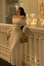 Simple Sheath Off The Shoulder Long Sleeves Ivory Prom Dresses Birthday Outfits Prom Gowns