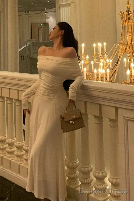 Simple Sheath Off The Shoulder Long Sleeves Ivory Prom Dresses Birthday Outfits Prom Gowns