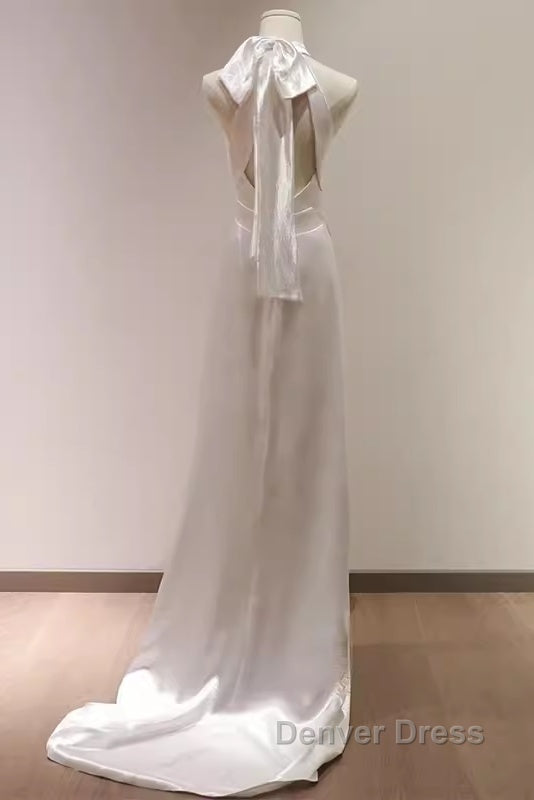 Simple Sheath Satin White Long Wedding Dresses Backless Brides Dresses Secondary image