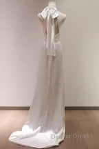 Simple Sheath Satin White Long Wedding Dresses Backless Brides Dresses