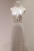 Simple Sheath Satin White Long Wedding Dress Backless Brides Dresses
