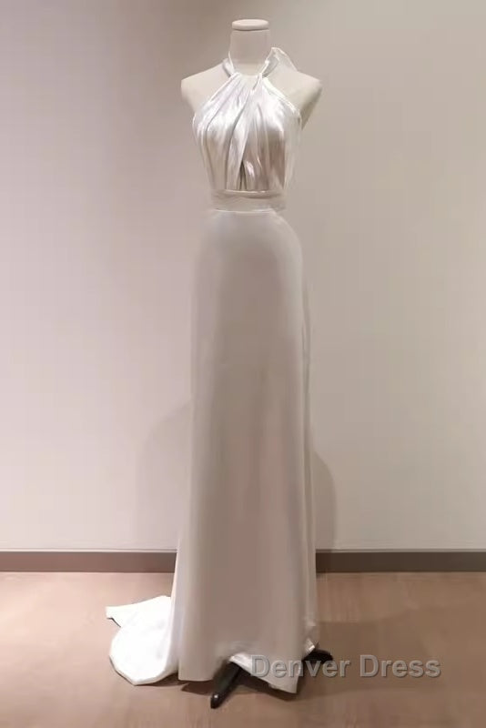 Simple Sheath Satin White Long Wedding Dress Backless Brides Dresses