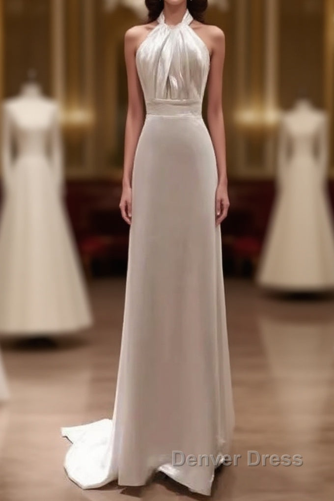 Simple Sheath Satin White Long Wedding Dresses Backless Brides Dresses