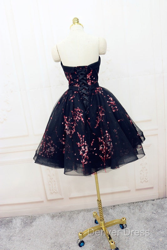 Simple Short Black Tulle Party Dresses With Floral, Lovely Short Prom Dresses Secondary image