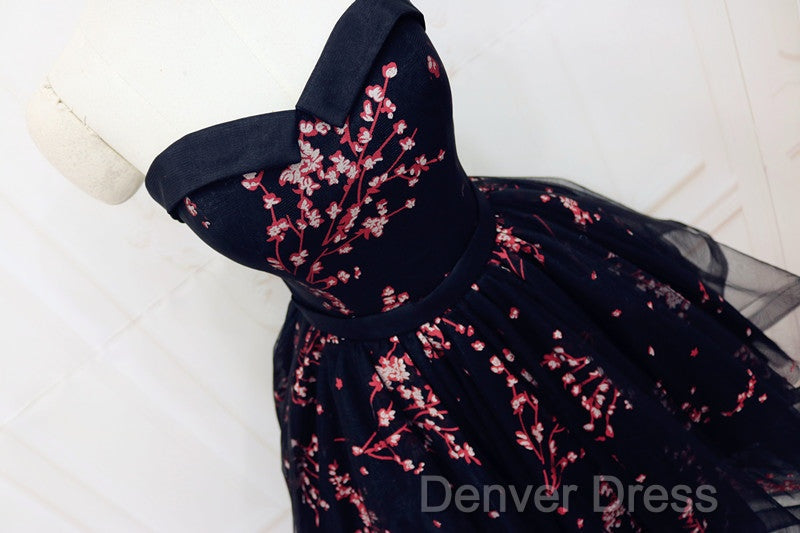 Simple Short Black Tulle Party Dresses With Floral, Lovely Short Prom Dresses