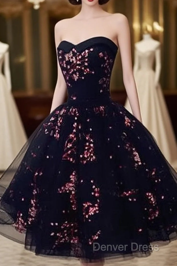 Simple Short Black Tulle Party Dresses With Floral, Lovely Short Prom Dresses Main image