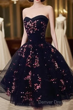 Simple Short Black Tulle Party Dresses With Floral, Lovely Short Prom Dresses