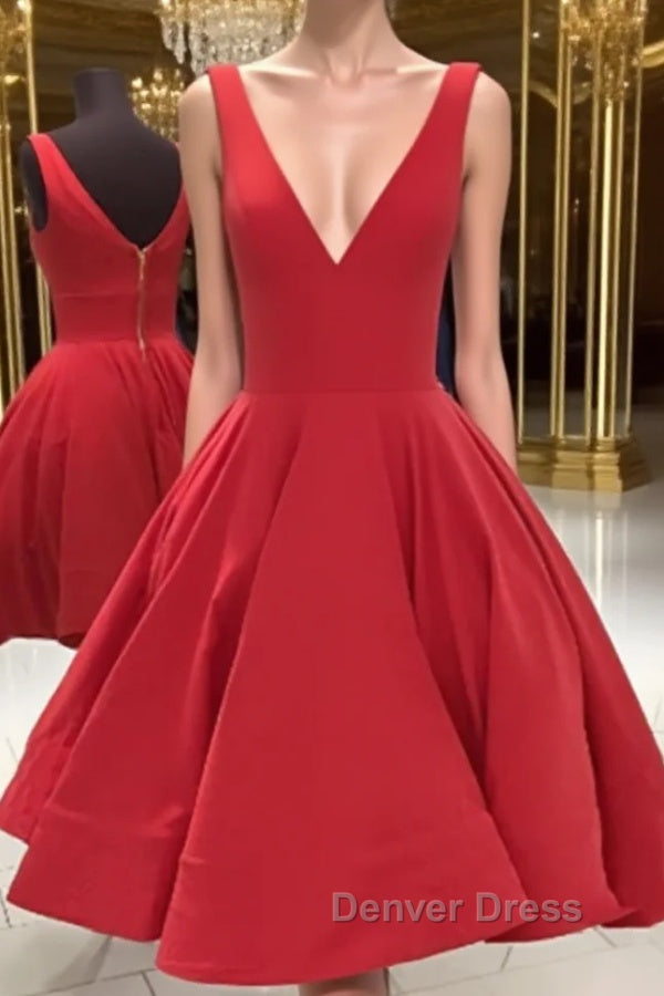 Simple Short V Neck Red Satin Prom Dress, Short Red Prom Homecoming Dresses Main image