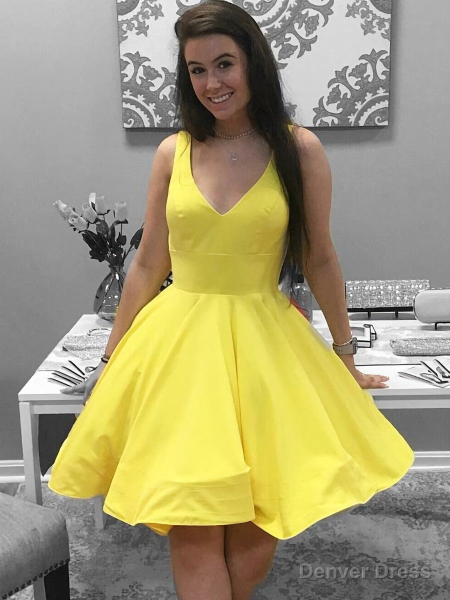Simple Short V Neck Yellow Red Satin Prom Dress, Short Red Yellow Prom Homecoming Dresses