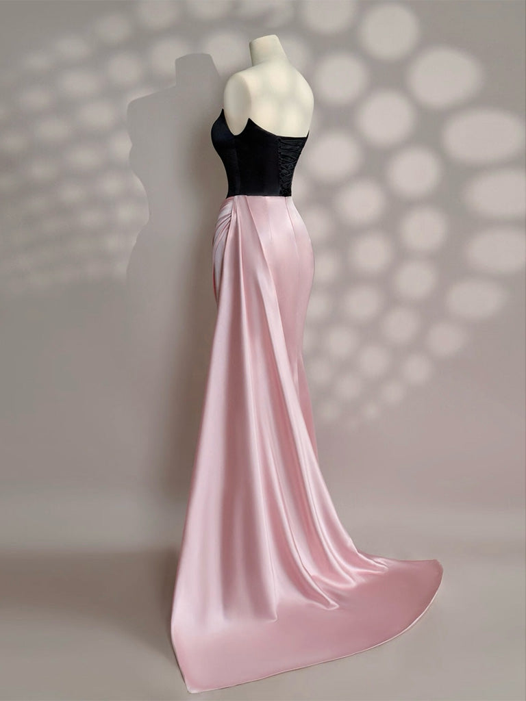 Simple Slit Pleated Mermaid Satin Sweep Train Pink Long Prom Dresses