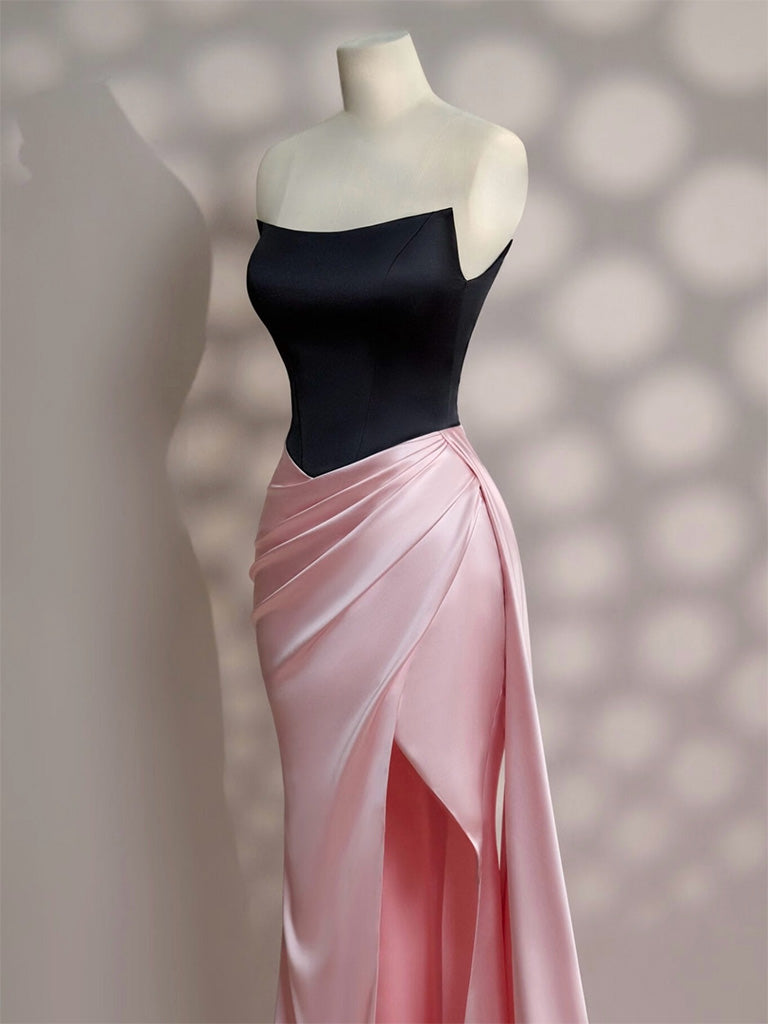 Simple Slit Pleated Mermaid Satin Sweep Train Pink Long Prom Dresses