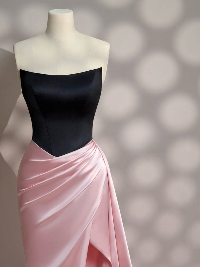 Simple Slit Pleated Mermaid Satin Sweep Train Pink Long Prom Dresses