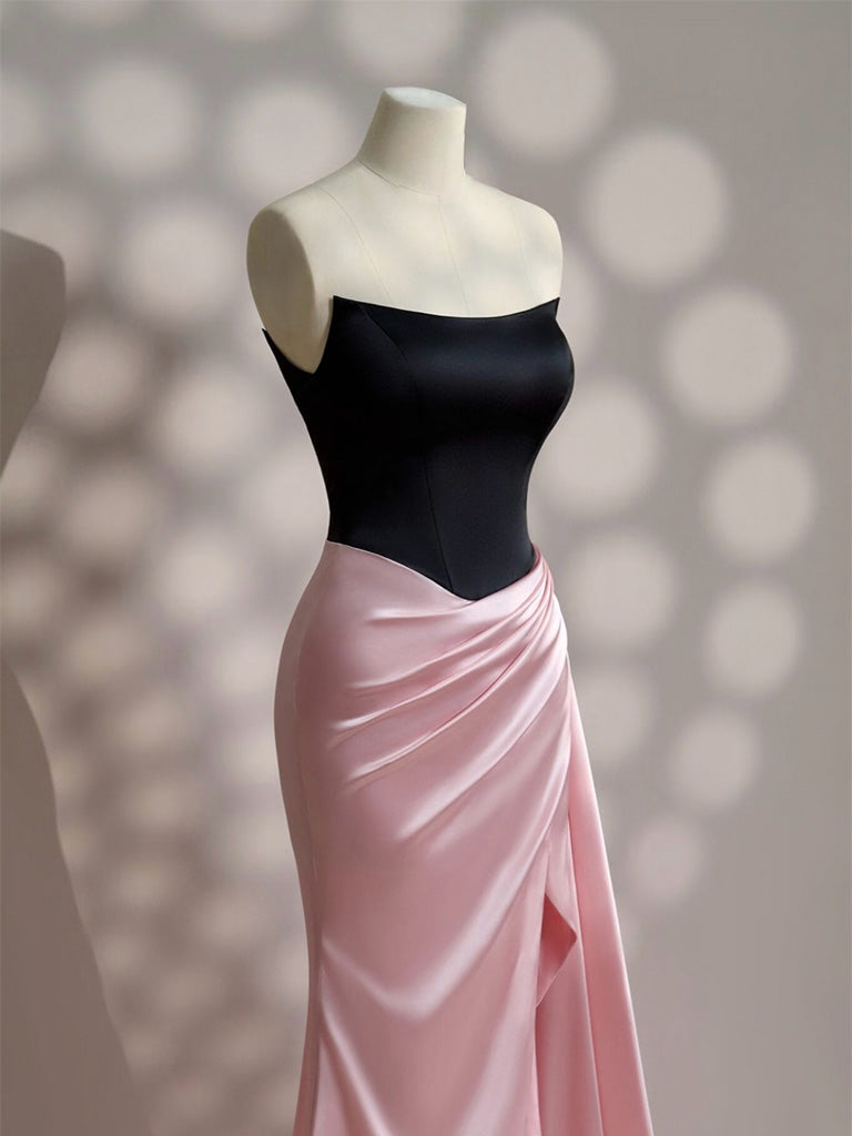 Simple Slit Pleated Mermaid Satin Sweep Train Pink Long Prom Dresses