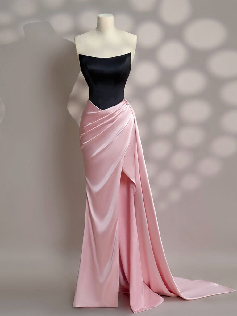 Simple Slit Pleated Mermaid Satin Sweep Train Pink Long Prom Dresses Main image