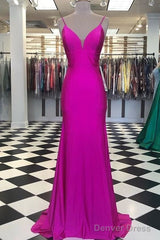 Simple Spagehtti Straps Fuchsia Satin Mermaid Prom Dress