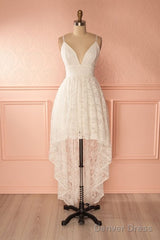 Simple Spaghetti Straps Hi-Lo Prom Dress,White Lace Prom Dress