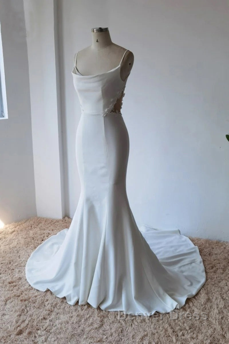 Simple Spaghetti Straps Satin Mermaid Ivory Wedding Dresses Bridal Gown