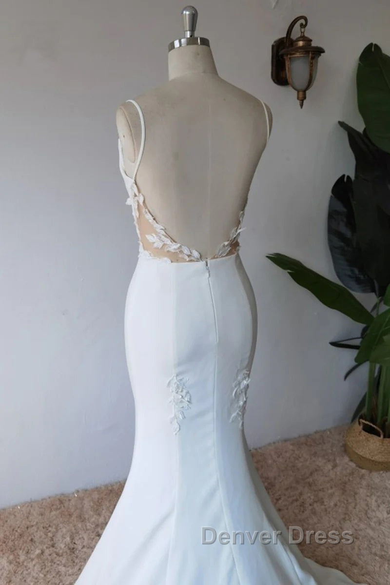 Simple Spaghetti Straps Satin Mermaid Ivory Wedding Dresses Bridal Gowns