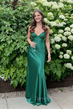 Simple Spaghetti Straps V-neck Sheath Satin Prom Dress