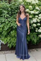 Simple Spaghetti Straps V-neck Sheath Satin Prom Dress